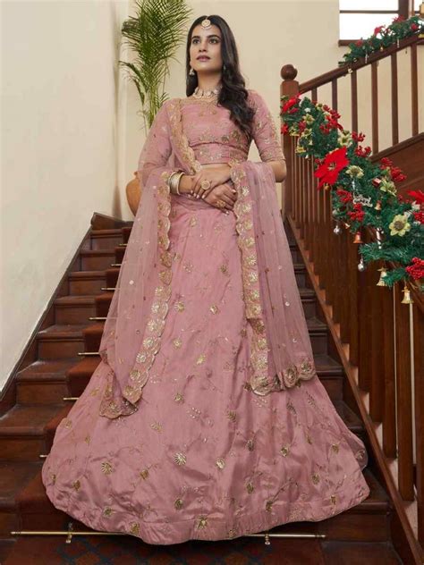 Peach Art Silk Embroidered Festival Party Wear Heavy Border Lehenga Choli