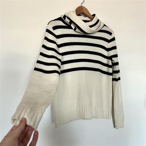 J Crew White And Black Striped Turtleneck Sweater Depop