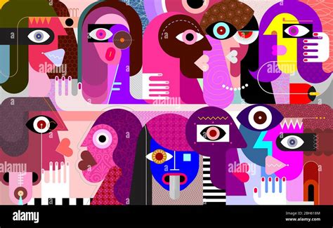 Large group of people abstract modern art vector illustration. Crowd. Mixed horizontal design ...