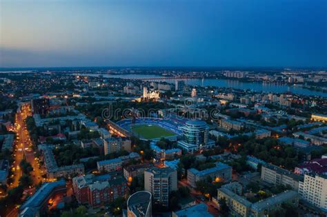 Voronezh City Center in Evening with Stadium, Roads and Many Buildings ...