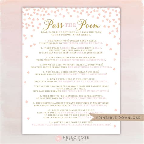 Pass The Poem Bridal Shower Game Printable 8x10 Pass Along Etsy