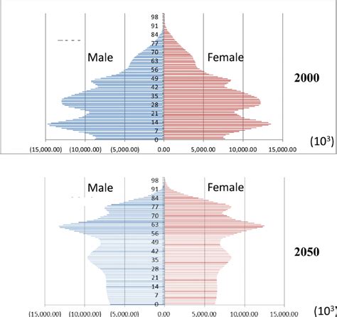 Population pyramid for China in 2000 and 2050. | Download Scientific Diagram