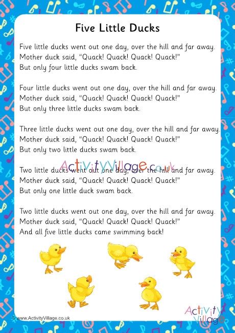 Five Little Ducks Song Lyrics Printable