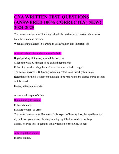 CNA WRITTEN TEST QUESTIONS (ANSWERED 100% CORRECTLY) NEW!! 2024-2025