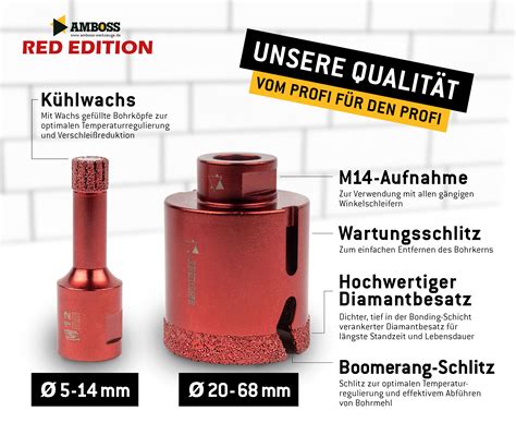 Amboss Red Edition 8 Profi Diamantbohrkronen Set Bohrkronen Sets