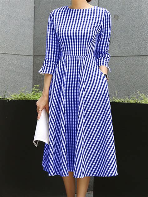 Grid Prited Plaid O Neck Three Quarter Sleeve Back Zipper Midi Dress