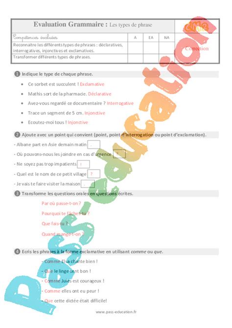 Les Types De Phrases Valuation Bilan Eme Primaire Pdf Imprimer