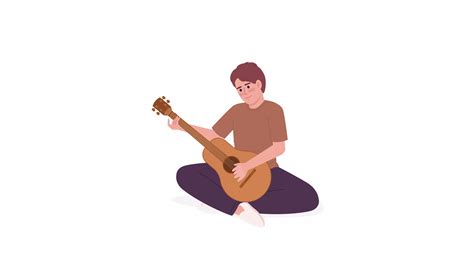 Animated pleased man playing guitar. Self teaching musical instrument class. Flat character ...