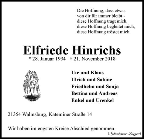 Traueranzeigen Von Elfriede Hinrichs Trauer L Neburg De