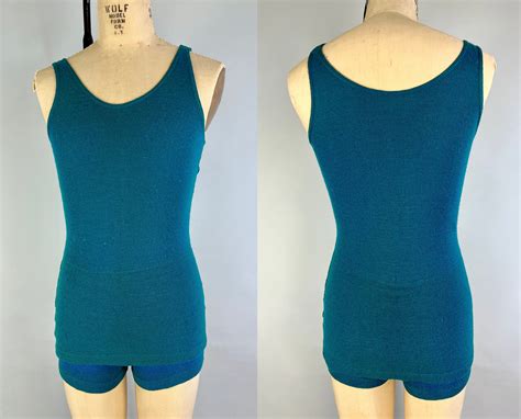 1920s Terrific Teal Swimsuit | Vintage 20s Blue Green Wool Art Deco One