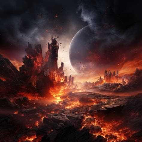 The End Of The World With Two Planets Colliding To Each Other Burning Hot Lava Fires And Ruins