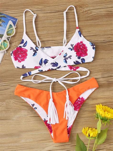 Random Floral Cross Wrap With Reversible Panty Bikini Set Bikinis