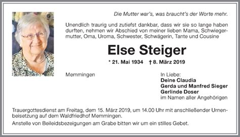 Traueranzeigen Von Else Steiger Allg Uer Zeitung