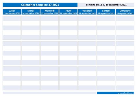 Semaine 37 2021 Dates Calendrier Et Planning Hebdomadaire à Imprimer