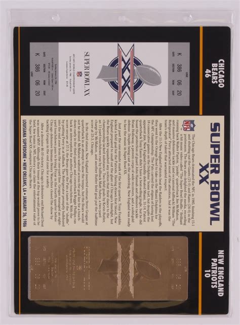 Commemorative Super Bowl XX Score Card With 22kt Gold Ticket: Bears vs ...