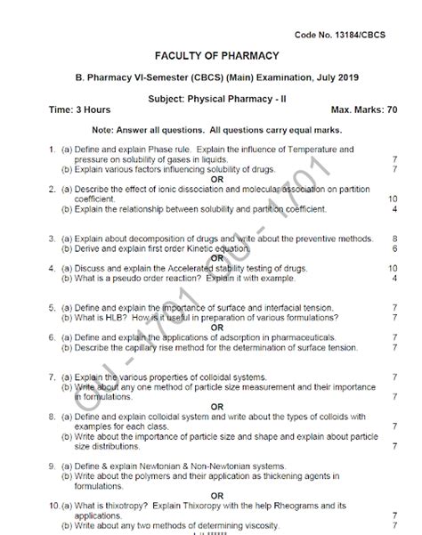 Osmania University B Pharmacy Vi Semester Cbcs Main Subject Physical Pharmacy Ii July