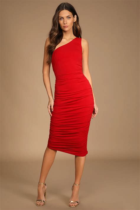 Sexy Red Midi Dress One Shoulder Dress Ruched Midi Dress Lulus