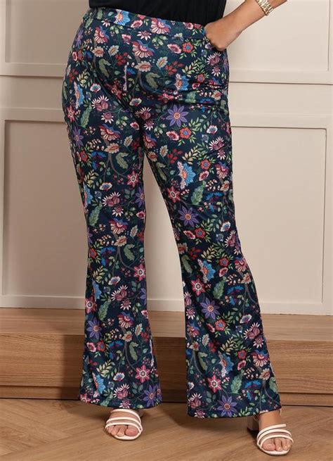 Calça Floral Marinho em Jersey Acetinado Marguerite