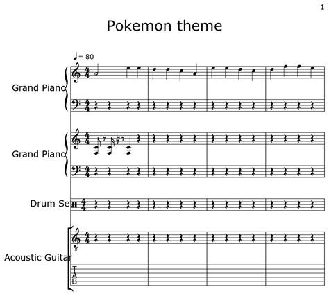 Pokemon Theme Sheet Music For Piano Drum Set Acoustic Guitar