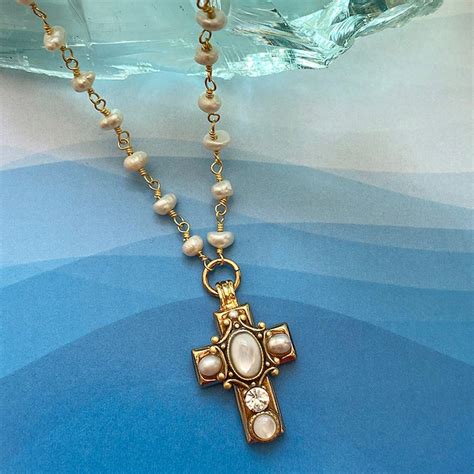 Tiny Freshwater Pearl Cross Necklace On Semi Beaded Chain Etsy