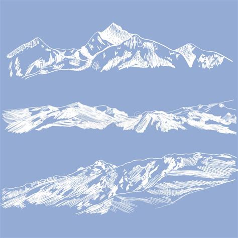 Vector Mountains Sketches, Sky Blue Background and White Drawings, Wild ...