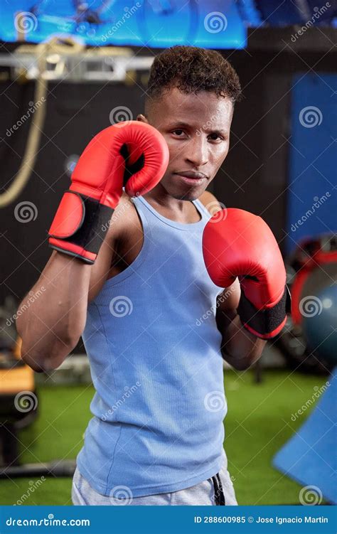 Black Boxer in Guard Stance with Boxing Gloves Stock Image - Image of ...