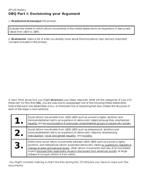 DBQ Planning Step 1.Envisioning Your Argument - AP US History DBQ Part