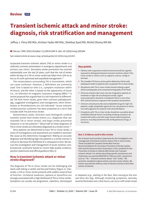 (PDF) Transient ischemic attack and minor stroke: diagnosis, risk stratification and management