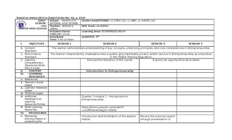 Week 1 Dll Based On Annex 2b To Deped Order No 42 S 2016 Daily Lesson Log Senior High