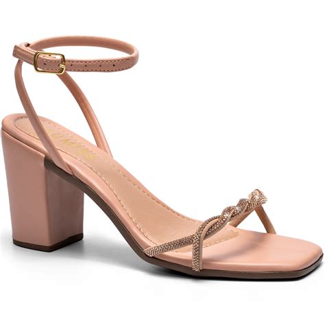 Sandália Feminina Salto Alto Bloco Tiras Strass Brilhante Uni Nude Lumiss