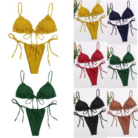 WomenS Solid PuSh Up Padded Bra Lace Up BriefS Bikini SetS Two Piece