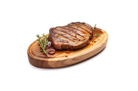 Premium Photo A Wooden Plate Of Beef Steak Grilled With Sauce