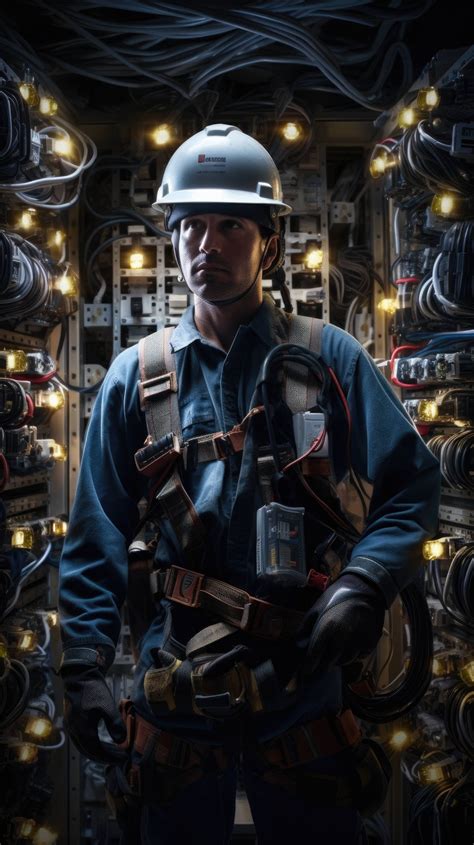 Safety-gear clad electrician, a beacon of light amidst the labyrinth of cables and circuits