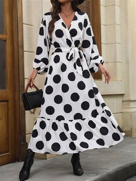 Shein Privé Polka Dot Print Lantern Sleeve Ruffle Hem Belted Dress