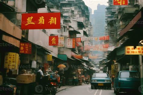 Hong kong kowloon 1990 nostagia cinematic street view, AI Generative ...