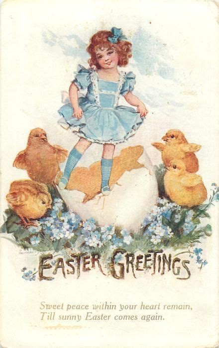 EASTER GREETINGS Girl Standing In Huge Egg Shell Four Chicks TuckDB