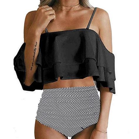 2018 Sexy Ruffled Bikinis Off Shoulder Print Swimsuit Women Crop Tops