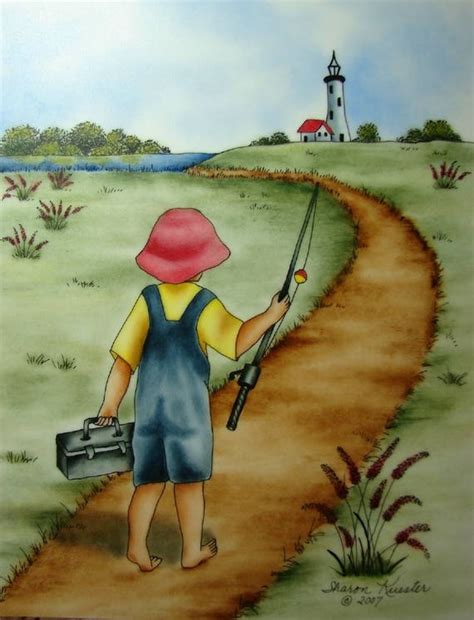 E PACKET Pen Ink Oil Rouging Boy Fishing Painting Pattern Etsy