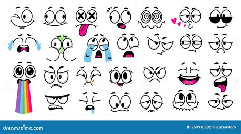 Cartoon Facial Expressions. Comic Faces With Caricature Eyes, Doodle ...