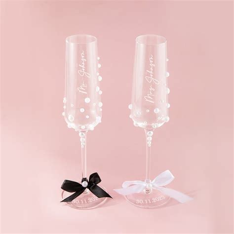 Personalized Set Of 2 Engraved Wedding Crystal 75oz Champagne Flutes Adorned With Pearls And