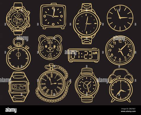 Hand Drawn Golden Wristwatch Doodle Sketch Watches Alarm Clocks And