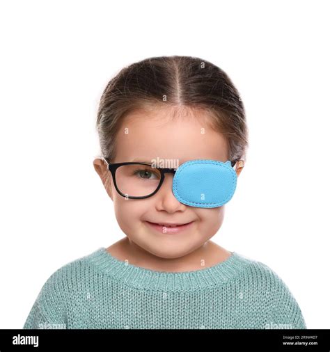 Happy Girl With Nozzle On Glasses For Treatment Of Strabismus Against White Background Stock