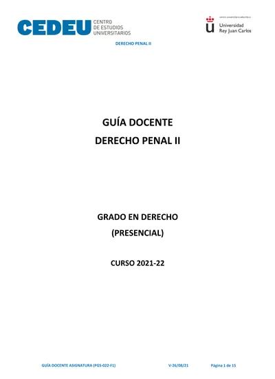 DERECHO PENAL II GUÍA DOCENTE GRADO EN DERECHO PRESENCIAL CURSO GUÍA