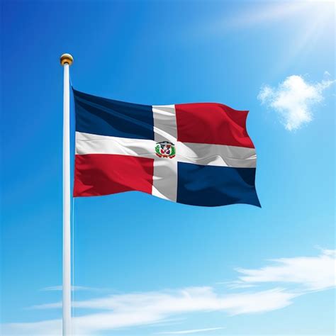 Ondeando La Bandera De República Dominicana En El Asta De La Bandera Con El Fondo Del Cielo