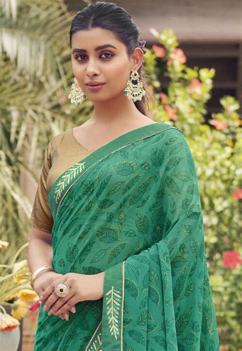 Buy Digital Printed Georgette Saree In Teal Green Online Spf