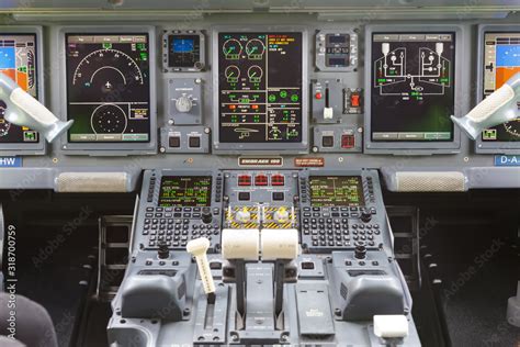 Cockpit of a German Airways Embraer 190 airplane Cologne Bonn airport ...