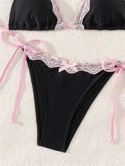 SHEIN Swim Mod Sexy Cute Lace Bow Accent Triangle Bikini For Swimsuit Party For Sale Australia