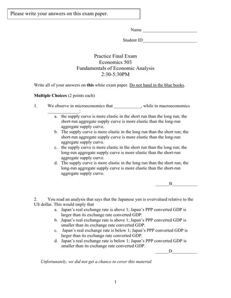 Practice Final Exam Economics 503 Fundamentals Of Economic