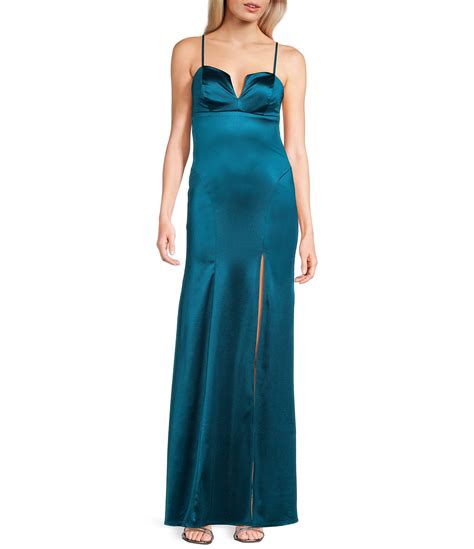 Honey And Rosie Spaghetti Strap Notch Neck Side Slit Cinched Back Stretch Satin Long Dress