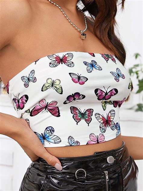 WDIRARA Top Corto Sin Tirantes Para Mujer Con Estampado De Mariposa